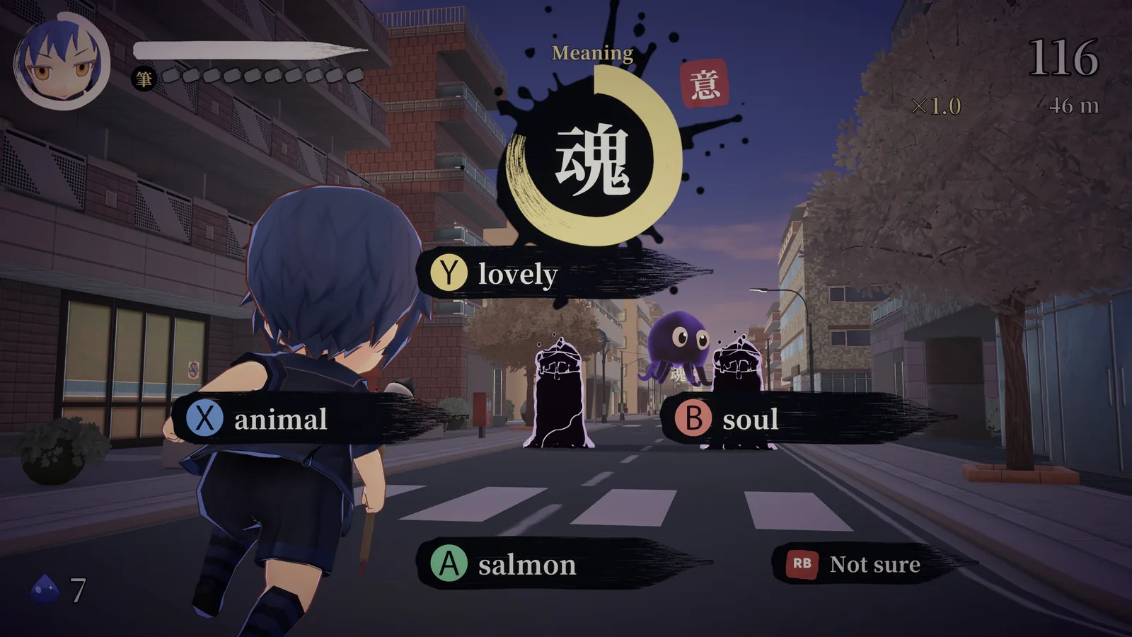 Une question sur le kanji 魂 surgit en pleine course, avec quatre réponses sur les boutons de la manette