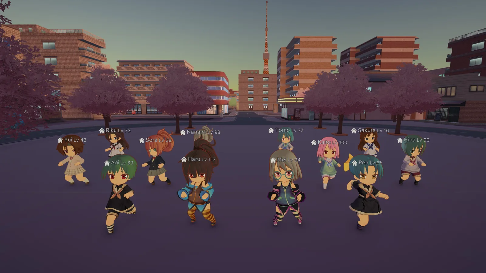 Des joueurs réunis sur la place du Hub au crépuscule, la tour de Tokyo derrière eux