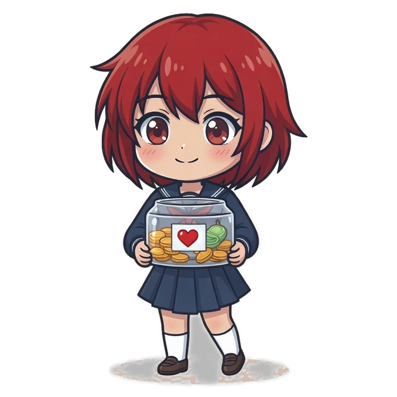 Yuno-chan, maskot Jepang.org, memegang toples donasi